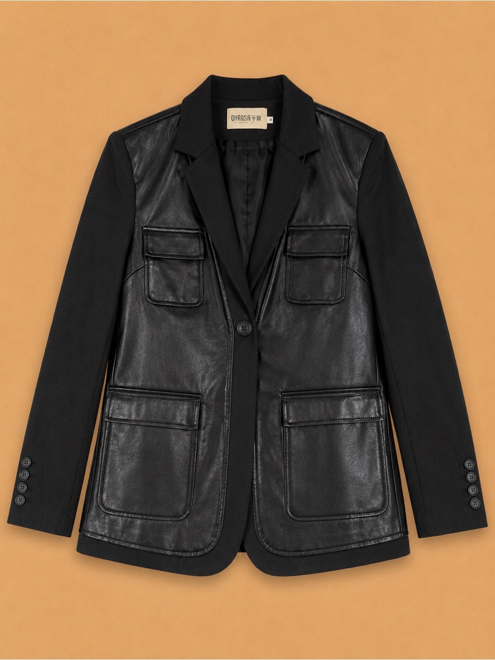 Black Mixed-Material Blazer Jacket